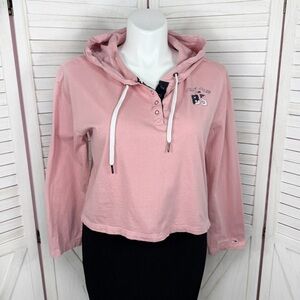 Tommy Hilfiger Logo Cropped Henley Hoodie Shirt Rose Pink XL